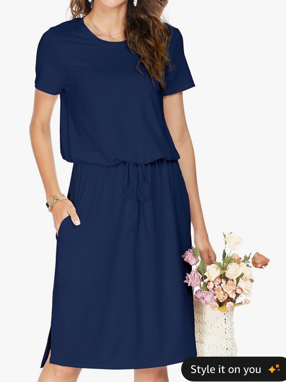 Silence + Noise Navy Short Sleeve Drawstring Midi Dress